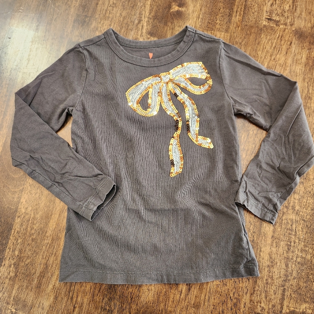 J.Crew Crewcuts Girls Gray Long Sleeve Kids Shirt with Gold Sequin Bow, Size XS